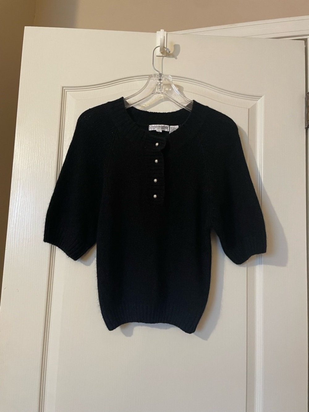 Vintage 90s Gloria Vanderbilt Angora Silk Sweater Black Pearl Button Knit M Luxe